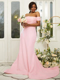 Sheath/Column Stretch Crepe Ruched Off-the-Shoulder Sleeveless Sweep/Brush Train Bridesmaid Dresses TPP0004974