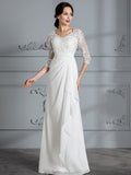 Sheath/Column V-neck 3/4 Sleeves Chiffon Floor-Length Wedding Dresses TPP0006363