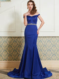 Trumpet/Mermaid Off-the-Shoulder Sleeveless Crystal Sweep/Brush Train Satin Dresses TPP0003094