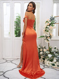 Sheath/Column Silk like Satin Ruched Off-the-Shoulder Sleeveless Sweep/Brush Train Bridesmaid Dresses TPP0004904