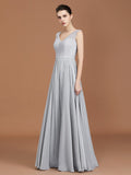 A-Line/Princess V-neck Sleeveless Floor-Length Chiffon Lace Bridesmaid Dress TPP0005698