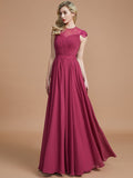 A-Line/Princess Scoop Short Sleeves Chiffon Floor-Length Bridesmaid Dresses TPP0005597