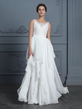 A-Line/Princess Scoop Sleeveless Ruffles Floor-Length Chiffon Wedding Dresses TPP0006839