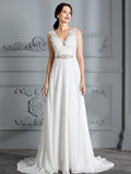 A-Line/Princess Sleeveless V-neck Sweep/Brush Train Chiffon Wedding Dresses TPP0006487