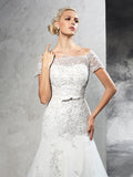 Sheath/Column Off-the-Shoulder Applique Short Sleeves Long Net Wedding Dresses TPP0006450