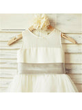 A-line/Princess Scoop Sleeveless Bowknot Tea-Length Tulle Flower Girl Dresses TPP0007690