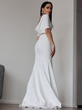 Sheath/Column Stretch Crepe Ruched Scoop 1/2 Sleeves Sweep/Brush Train Wedding Dresses TPP0007027