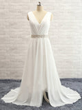 A-Line/Princess V-neck Sweep/Brush Train Sleeveless Beading Chiffon Wedding Dresses TPP0006105