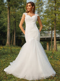 Trumpet/Mermaid Tulle Applique Sweetheart Sleeveless Sweep/Brush Train Wedding Dresses TPP0006506