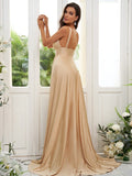 A-Line/Princess Jersey Ruffles V-neck Sleeveless Sweep/Brush Train Bridesmaid Dresses TPP0004896