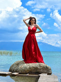 A-Line/Princess Satin Ruffles V-neck Floor-Length Sleeveless Dresses TPP0004724