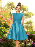 A-Line/Princess High Neck Bowknot Sleeveless Short Satin Bridesmaid Dresses TPP0005229