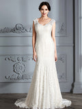 Trumpet/Mermaid Sleeveless V-Neck Lace Sweep/Brush Train Wedding Dresses TPP0006374