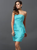 Sheath/Column Strapless Ruched Sleeveless Short Satin Bridesmaid Dresses TPP0005761