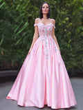 A-Line/Princess Satin Applique Off-the-Shoulder Sleeveless Sweep/Brush Train Dresses TPP0001446