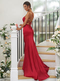 Sheath/Column Elastic Woven Satin Ruched Square Sleeveless Sweep/Brush Train Bridesmaid Dresses TPP0004933