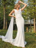 Sheath/Column Satin Ruched Scoop Sleeveless Sweep/Brush Train Wedding Dresses TPP0006592