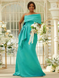 Sheath/Column Satin Ruched One-Shoulder Sleeveless Sweep/Brush Train Bridesmaid Dresses TPP0004923