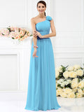 A-Line/Princess One-Shoulder Pleats Hand-Made Flower Sleeveless Long Chiffon Bridesmaid Dresses TPP0005131