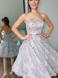 A-Line/Princess Strapless Sleeveless Sequin Knee-Length Tulle Homecoming Dresses TPP0004277