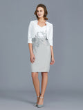 Sheath/Column V-neck 1/2 Sleeves Ruffles Chiffon Knee-Length Mother of the Bride Dresses TPP0007317