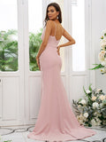 Sheath/Column Stretch Crepe Ruched V-neck Sleeveless Sweep/Brush Train Bridesmaid Dresses TPP0004893