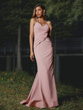 Sheath/Column Stretch Crepe Ruched V-neck Sleeveless Floor-Length Bridesmaid Dresses TPP0004956