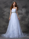 A-line/Princess Sweetheart Beading Sleeveless Long Satin Wedding Dresses TPP0006857