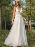 A-Line/Princess Tulle Applique V-neck Sleeveless Sweep/Brush Train Wedding Dresses TPP0006365