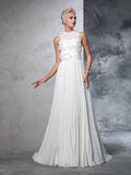 A-Line/Princess High Neck Pleats Sleeveless Long Chiffon Wedding Dresses TPP0006909