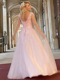 A-Line/Princess Tulle Applique V-neck Long Sleeves Floor-Length Dresses TPP0004855