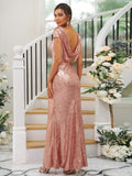 Sheath/Column Sequins Ruched Scoop Short Sleeves Floor-Length Bridesmaid Dresses TPP0004938