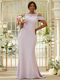 Sheath/Column Stretch Crepe Lace Scoop Sleeveless Sweep/Brush Train Bridesmaid Dresses TPP0004994