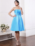 A-Line/Princess Strapless Sleeveless Pleats Hand-Made Flower Short Elastic Woven Satin Bridesmaid Dresses TPP0005843