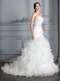 Trumpet/Mermaid Sweetheart Sleeveless Ruffle Sweep/Brush Train Satin Wedding Dresses TPP0006209