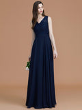 A-Line/Princess V-neck Sleeveless Floor-Length Lace Chiffon Bridesmaid Dresses TPP0005542