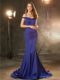 Trumpet/Mermaid Off-the-Shoulder Sleeveless Crystal Sweep/Brush Train Satin Dresses TPP0002328