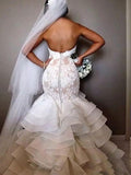 Trumpet/Mermaid Sleeveless Sweetheart Chapel Train Ruffles Applique Lace Organza Wedding Dresses TPP0006468