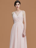 A-Line/Princess Spaghetti Straps Sleeveless Floor-Length Ruched Chiffon Bridesmaid Dresses TPP0005507