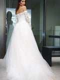 A-Line/Princess Long Sleeves Tulle Applique Off-the-Shoulder Court Train Wedding Dresses TPP0005989