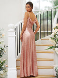 A-Line/Princess Sequins Ruched Straps Sleeveless Floor-Length Bridesmaid Dresses TPP0004943