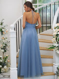 A-Line/Princess Tulle Ruched Halter Sleeveless Floor-Length Bridesmaid Dresses TPP0004960