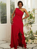 Sheath/Column Stretch Crepe Ruched One-Shoulder Sleeveless Sweep/Brush Train Bridesmaid Dresses TPP0004982