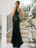 Sheath/Column Sequins Ruched V-neck Sleeveless Sweep/Brush Train Bridesmaid Dresses TPP0004958