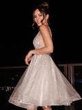 A-Line/Princess Sleeveless V-neck Tulle Beading Short/Mini Homecoming Dresses TPP0004065