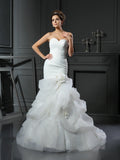 Trumpet/Mermaid Sweetheart Ruffles Sleeveless Long Satin Wedding Dresses TPP0006435