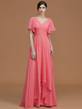 A-Line/Princess V-neck Short Sleeves Floor-Length Ruched Chiffon Bridesmaid Dresses TPP0005041