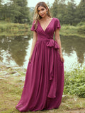 A-Line/Princess Chiffon Ruffles V-neck Short Sleeves Floor-Length Bridesmaid Dresses TPP0004981