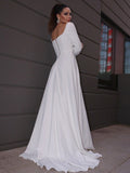 A-Line/Princess Stretch Crepe Ruffles Long Sleeves Square Sweep/Brush Train Wedding Dresses TPP0006452