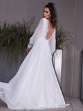 A-Line/Princess Chiffon Ruffles Long Sleeves Scoop Sweep/Brush Train Wedding Dresses TPP0006511